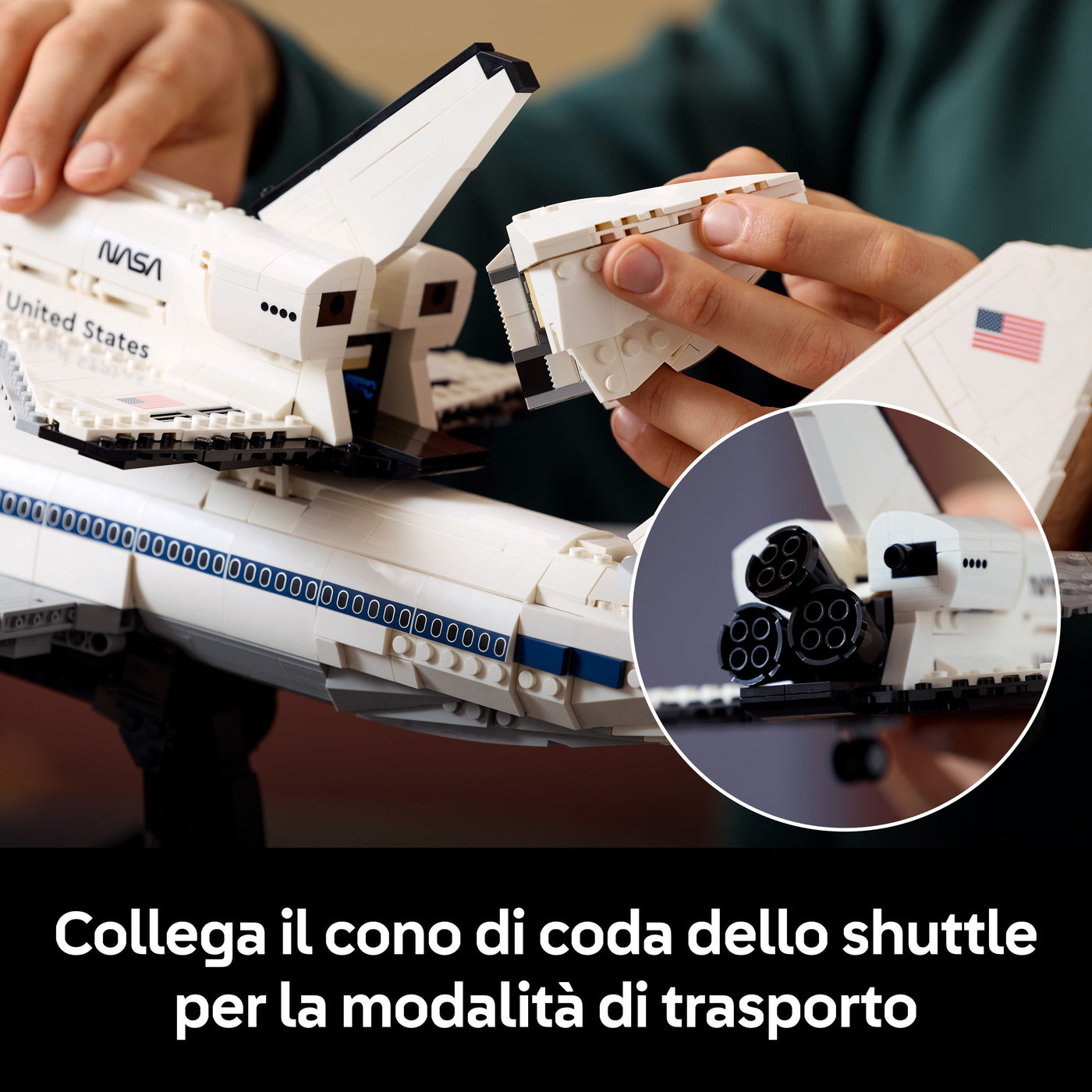 Trasportatore di shuttle fotografia promozionale "Collega il cono di coda dello shuttle per la modalità di trasporto"