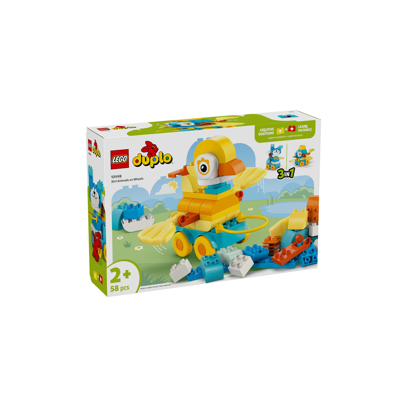 Animali su ruote 3 in 1 visione con prospettiva laterale della scatola del set duplo