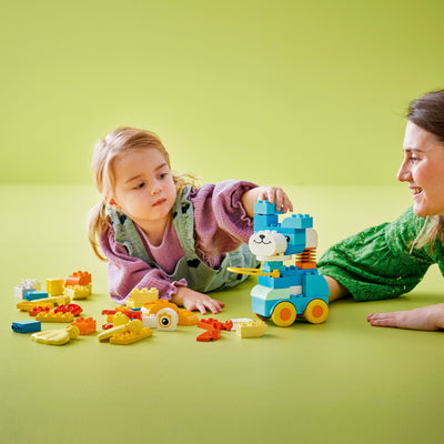 Animali su ruote 3 in 1 fotografia bambina e donna che giocano con il set