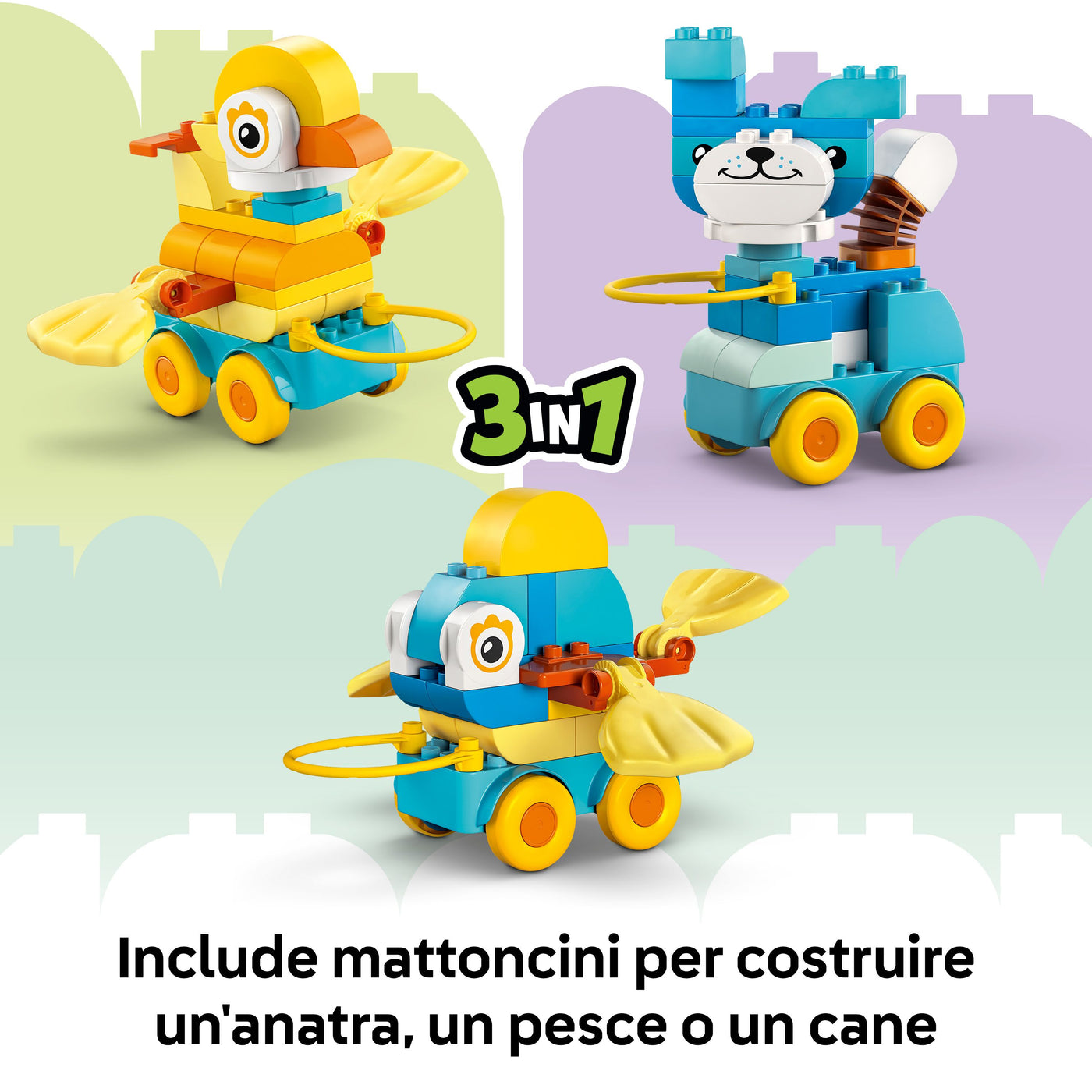 Animali su ruote 3 in 1 visione dettaglio 3 possibilità di costruzione del set duplo