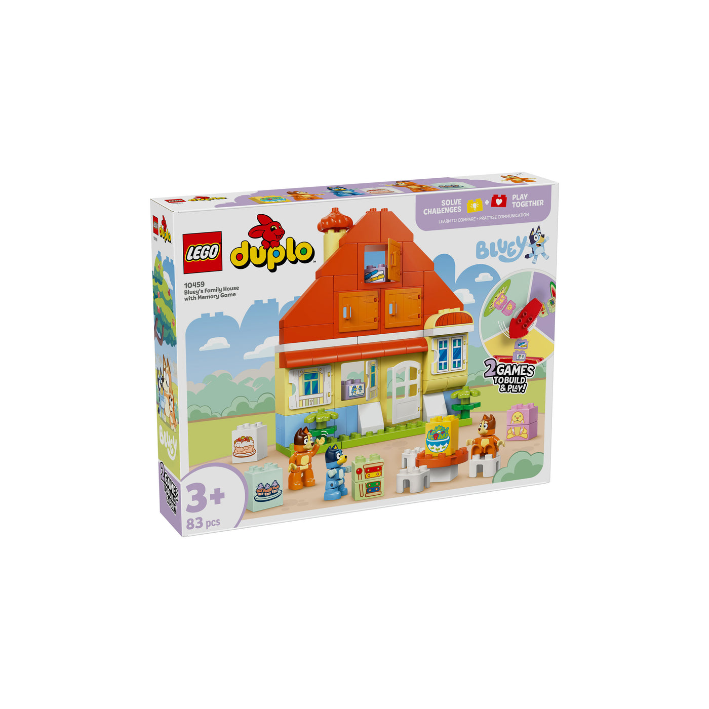 Casa della Famiglia di Bluey con gioco di memoria visione con prospettiva laterale della scatola del set duplo