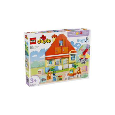 Casa della Famiglia di Bluey con gioco di memoria visione con prospettiva laterale della scatola del set duplo