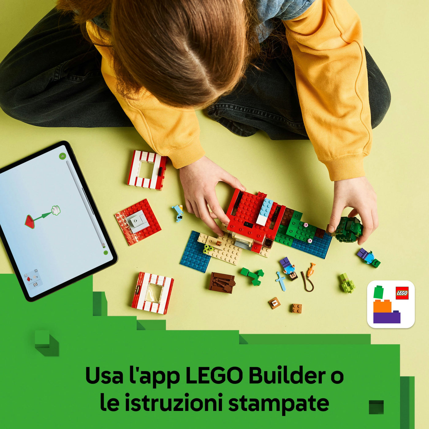 Casa nella giungla esplosiva fotografia promozionale "Usa l'app LEGO builder o le istruzioni stampate"