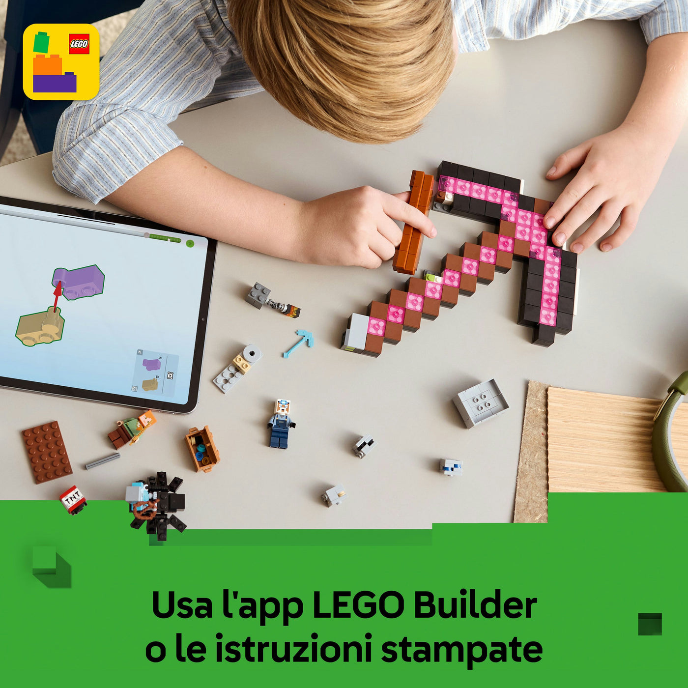 La miniera delle piccozze fotografia promozionale "Usa l'App LEGO Builder o le istruzioni stampate"