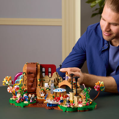 Willy Wonka e la fabbrica di cioccolato fotografia uomo con il set lego costruito