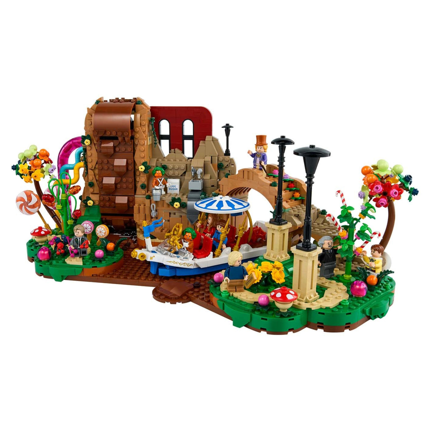 Willy Wonka e la fabbrica di cioccolato visione con prospettiva laterale del set lego costruito