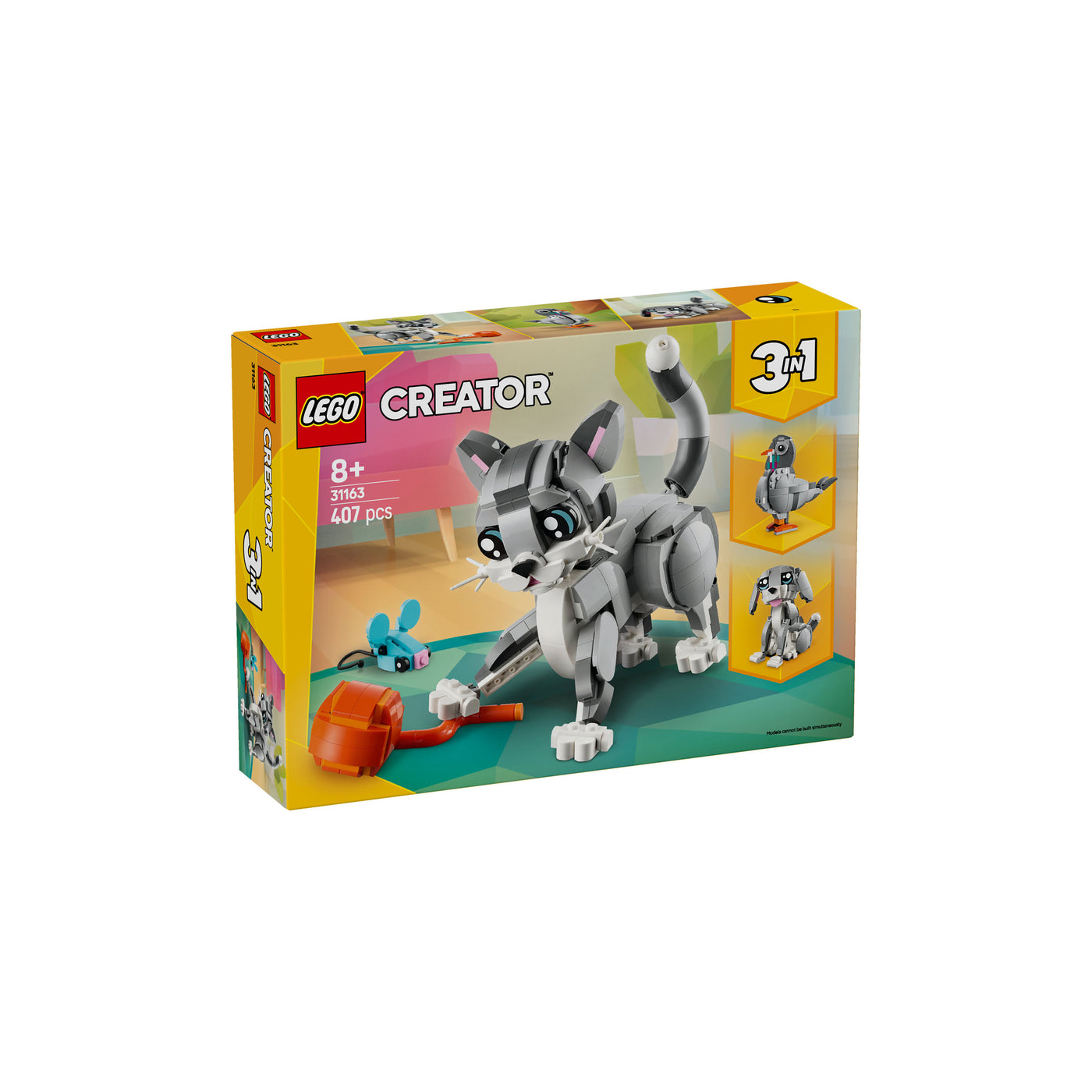 Gatto giocoso visione con prospettiva laterale della scatola del set lego