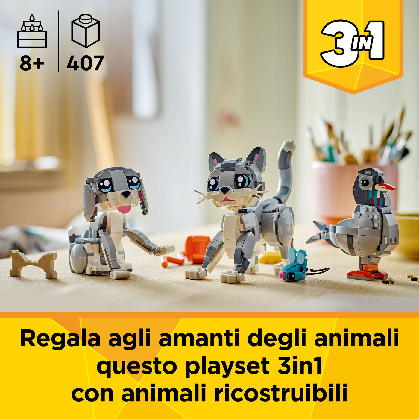 Gatto giocoso fotografia promozionale "regala agli amanti degli animali questo playset 3in1 con animali ricostruibili"