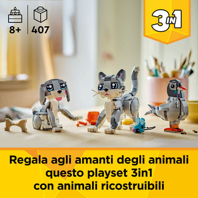 Gatto giocoso fotografia promozionale "regala agli amanti degli animali questo playset 3in1 con animali ricostruibili"