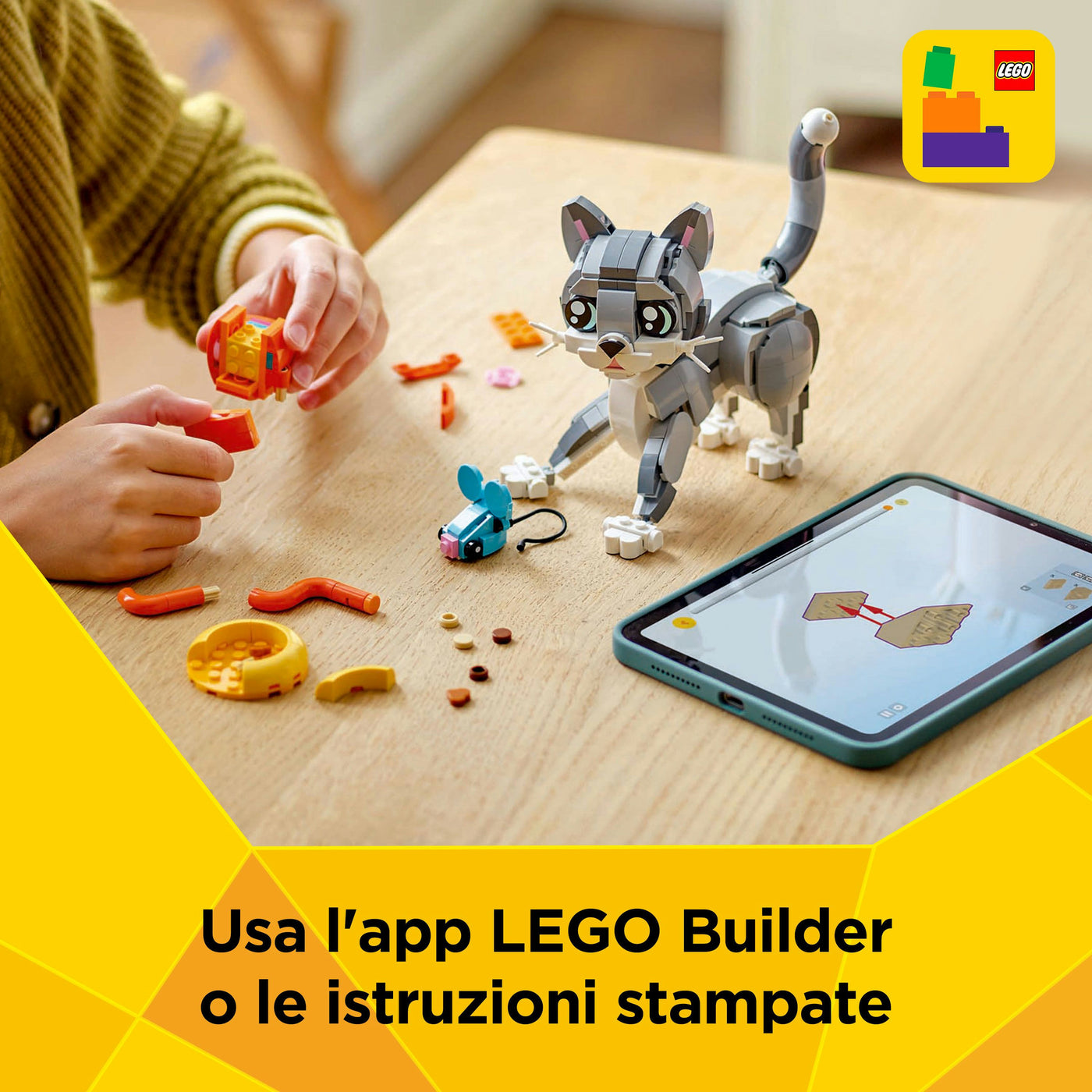 Gatto giocoso fotografia promozionale "Usa l'app LEGO Builder o le istruzioni stampate"