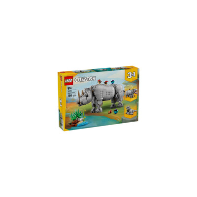 Animali selvatici: maestoso rinoceronte con uccelli visione con prospettiva laterale della scatola del set lego