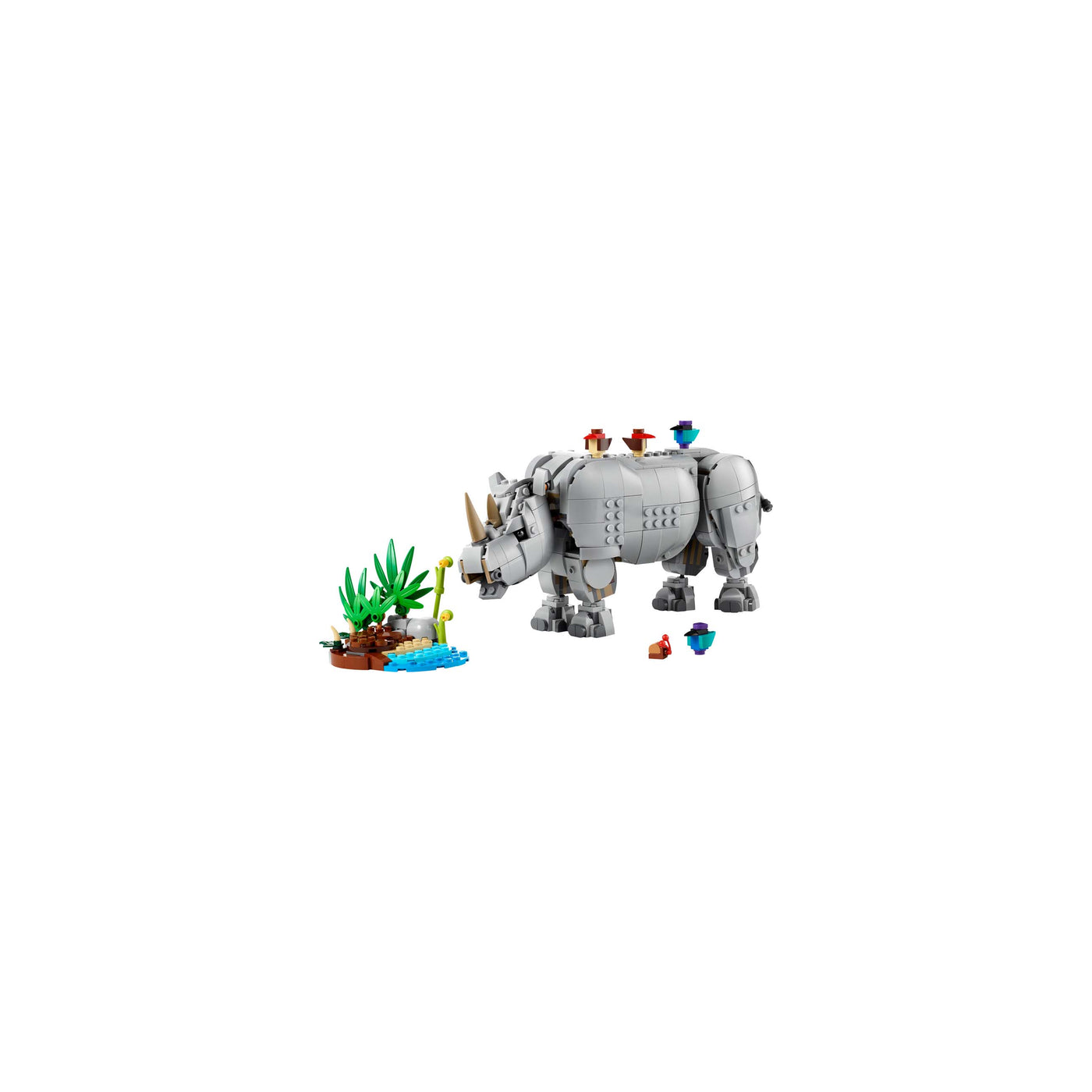Animali selvatici: maestoso rinoceronte con uccelli visione con prospettiva laterale del set lego costruito