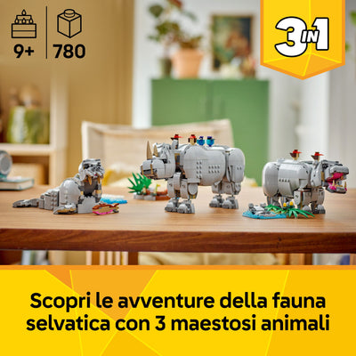 Animali selvatici: maestoso rinoceronte con uccelli fotografia del set lego costruito nelle 3 versioni possibili "Scopri le avventure della fauna selvatica con 3 maestosi animali"