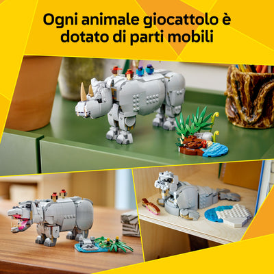 Animali selvatici: maestoso rinoceronte con uccelli fotografia promozionale "Ogni animale giocattolo è dotato di parti mobili"