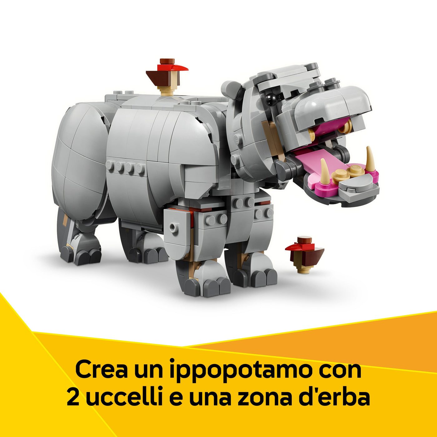 Animali selvatici: maestoso rinoceronte con uccelli visione dettaglio ippopotamo del set lego "Crea un ippopotamo con 2 uccelli e una zona d'erba"