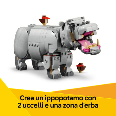 Animali selvatici: maestoso rinoceronte con uccelli visione dettaglio ippopotamo del set lego "Crea un ippopotamo con 2 uccelli e una zona d'erba"