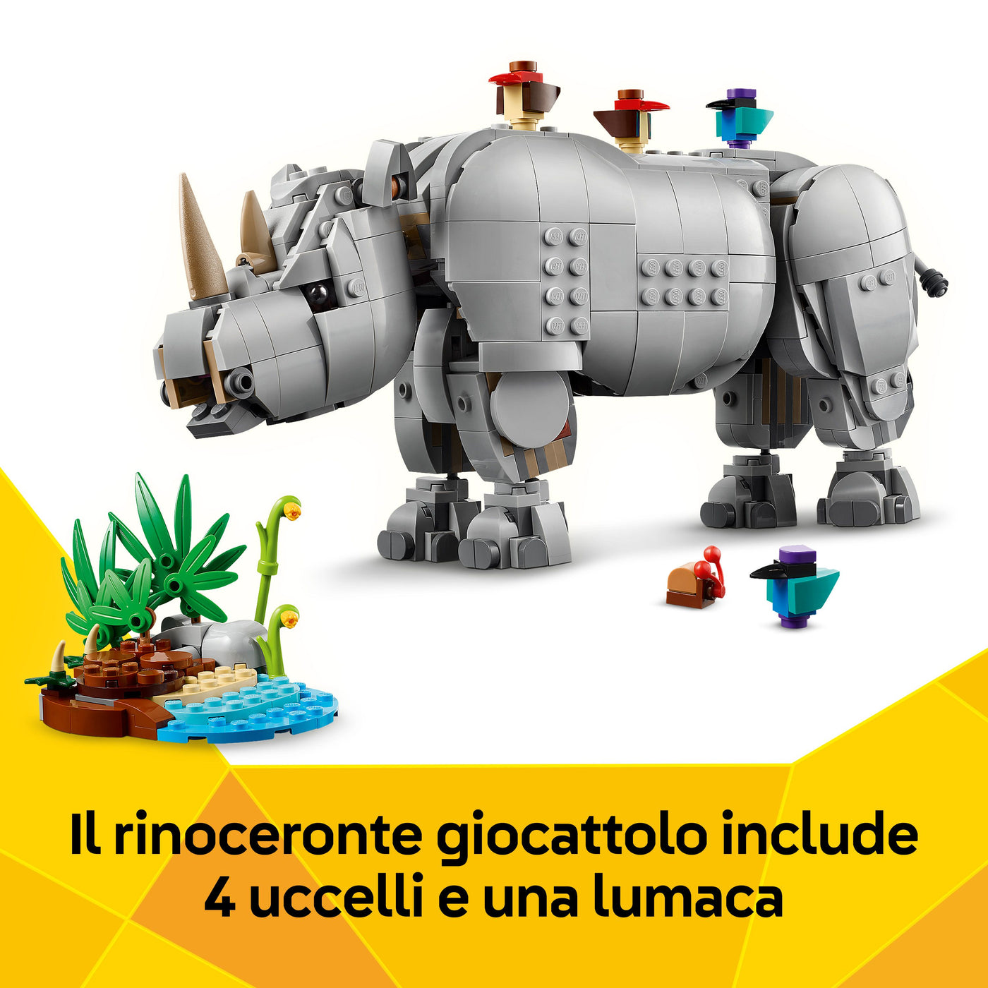 Animali selvatici: maestoso rinoceronte con uccelli fotografia promozionale "Il rinoceronte giocattolo include 4 uccelli e una lumaca"