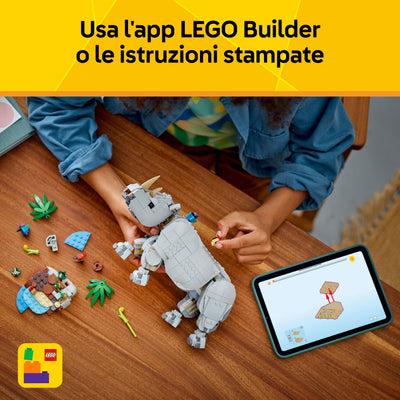Animali selvatici: maestoso rinoceronte con uccelli fotografia dall'alto del set lego in costruzione "Usa l'app LEGO Builder o le istruzioni stampate"