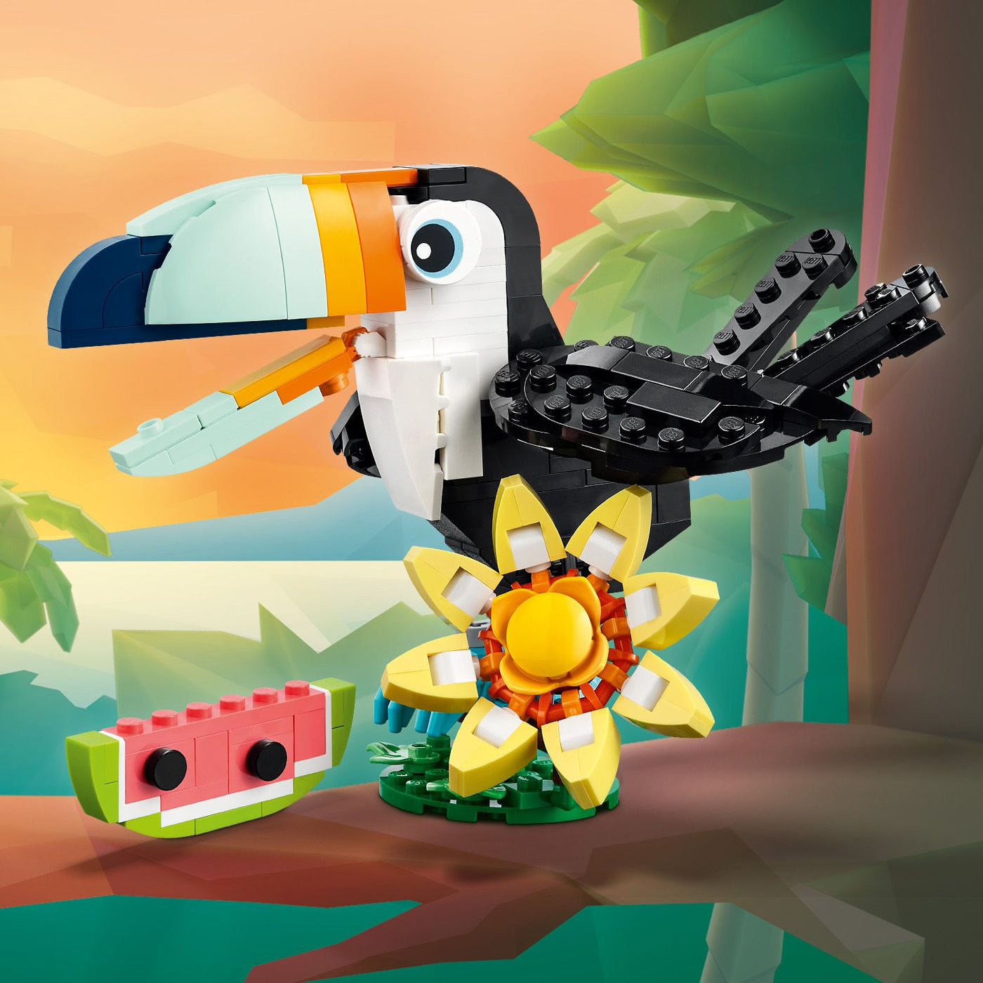 Animali selvatici: tucano tropicale visione frontale del set lego costruito come tucano