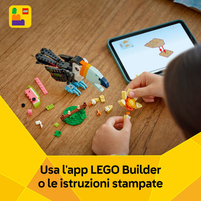 Animali selvatici: tucano tropicale fotografia dall'alto del set lego in costruzione "Usa l'app LEGO Builder o le istruzioni stampate"