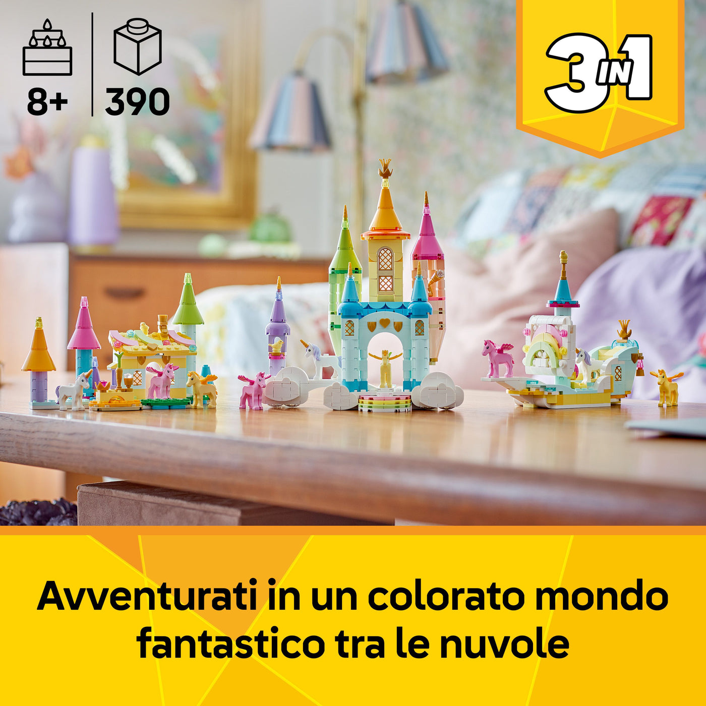 Castello degli unicorni fotografia promozionale "Avventurati in un colorato mondo fantastico tra le nuvole"