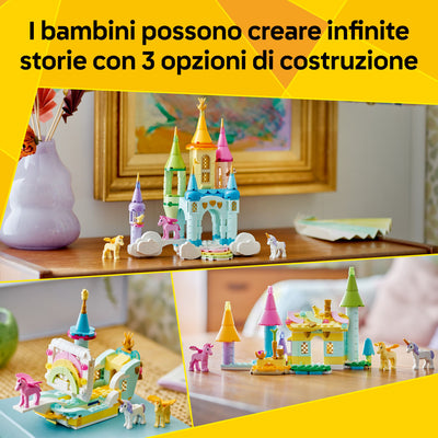 Castello degli unicorni fotografia promozionale "I bambini possono creare infinite storie con 3 opzioni di costruzione"