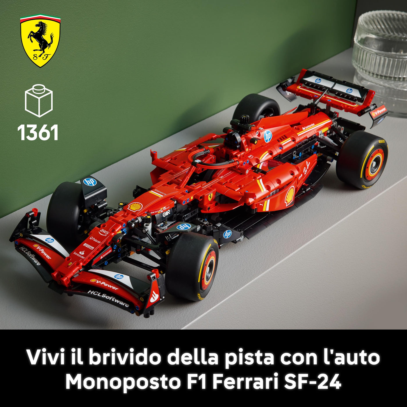 Monoposto F1 Ferrari SF-24 fotografia del set lego costruito in ambiente domestico da esposizione