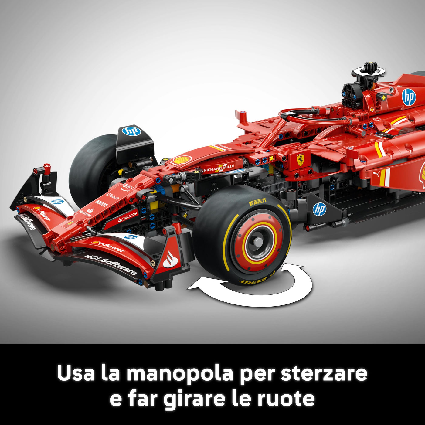 Monoposto F1 Ferrari SF-24 visione dettaglio ruote e sterzo