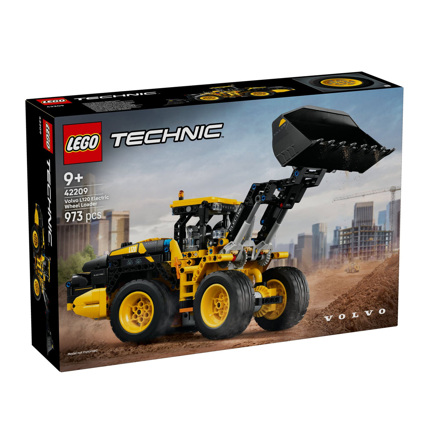 Pala gommata Volvo L120 Electric visione con prospettiva laterale della scatola del set lego