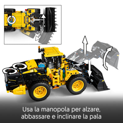 Pala gommata Volvo L120 Electric visione dettaglio manopola per inclinare la pala del set lego