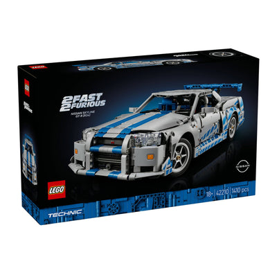 Auto Nissan Skyline GT-R (R34) 2 Fast 2 Furious visione con prospettiva laterale della scatola del set lego