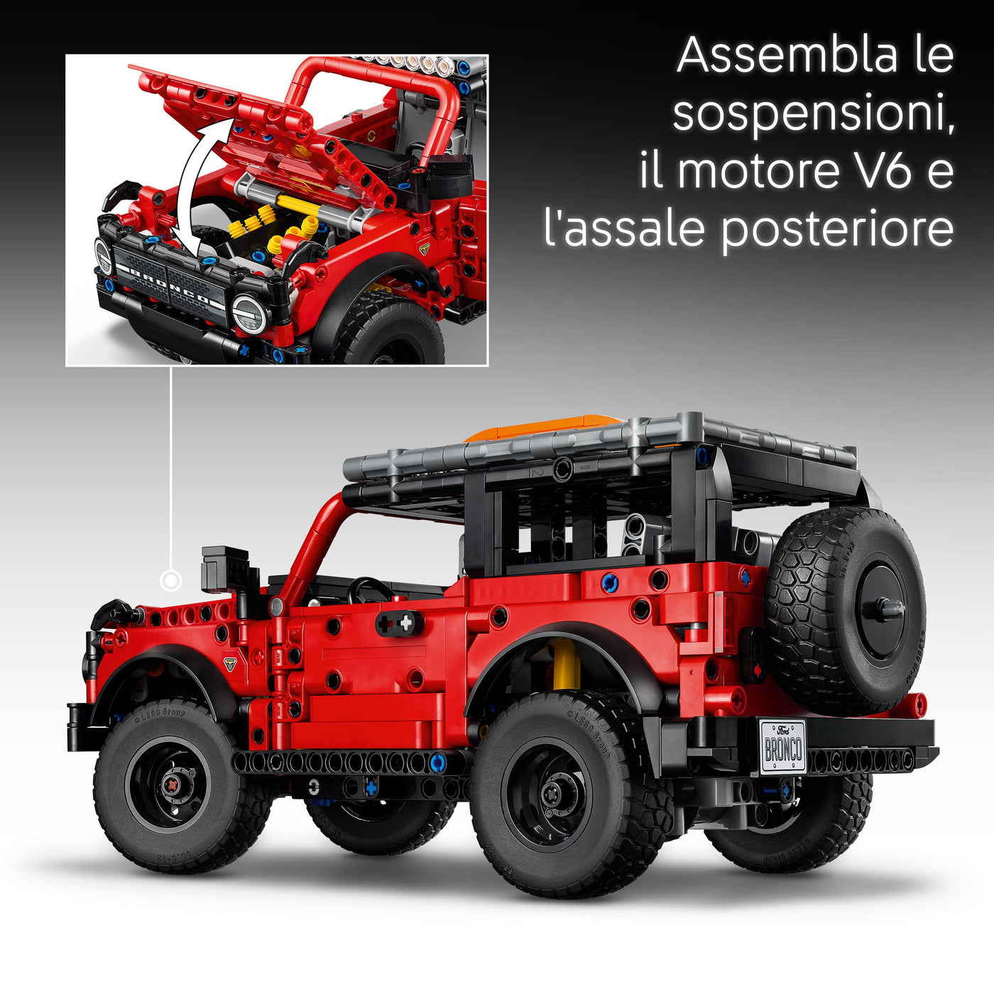 SUV Ford Bronco® visione dettaglio sospensioni, motore V6 e assale posteriore