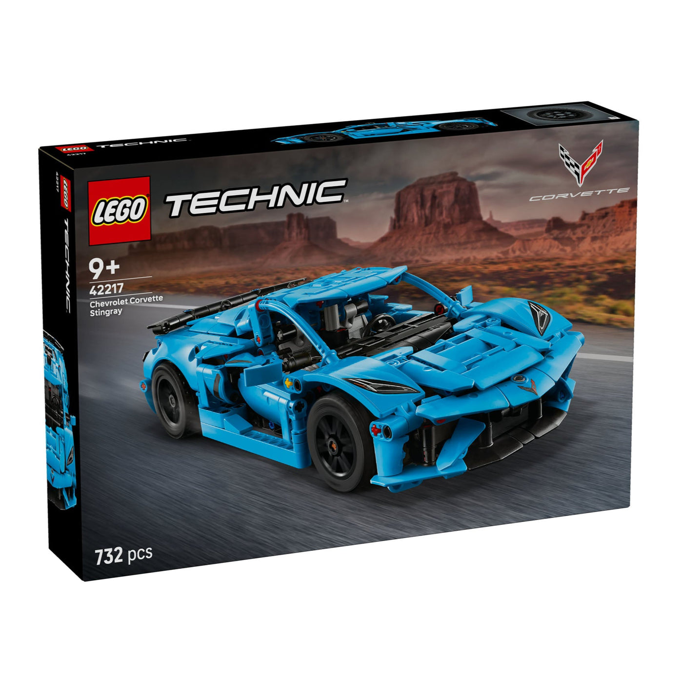 Chevrolet Corvette Stingray Blu visione con prospettiva laterale della scatola del set lego