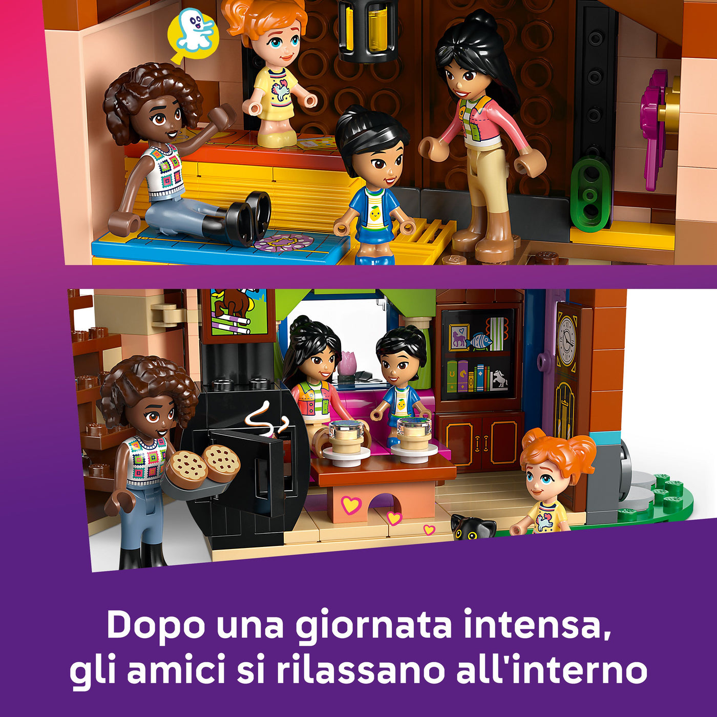 Ranch e scuderia dei pony fotografia promozionale "Dopo una giornata intensa, gli amici si rilassano all'interno"