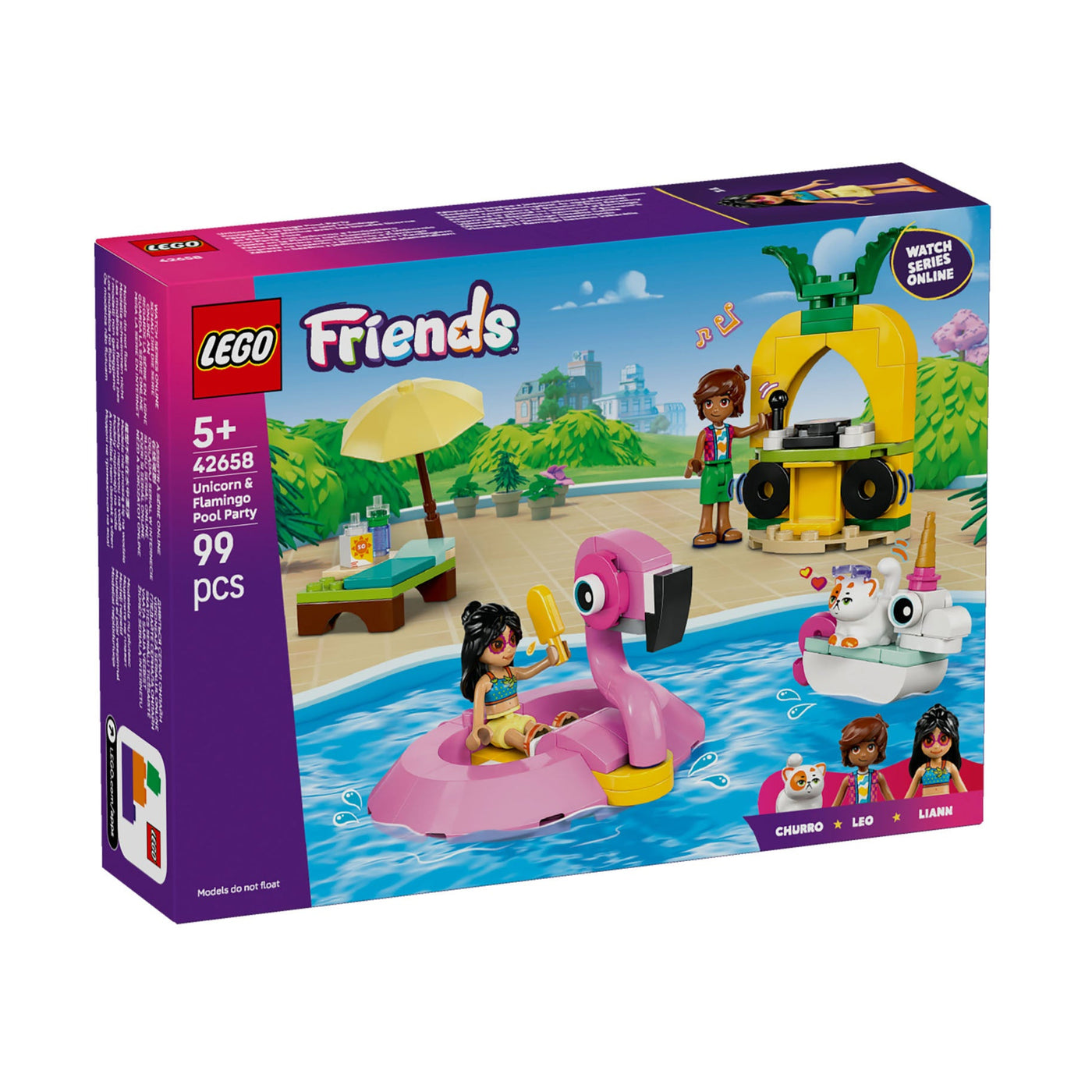 Pool Party con unicorno e fenicottero visione con prospettiva laterale della scatola del set lego