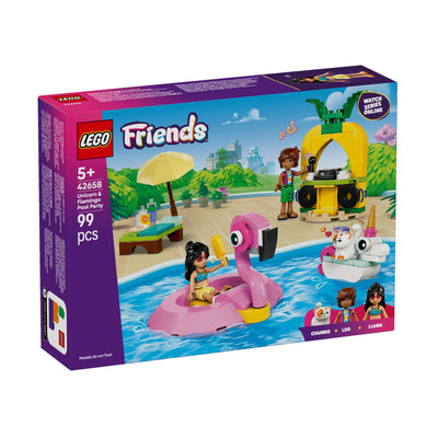 Pool Party con unicorno e fenicottero visione con prospettiva laterale della scatola del set lego