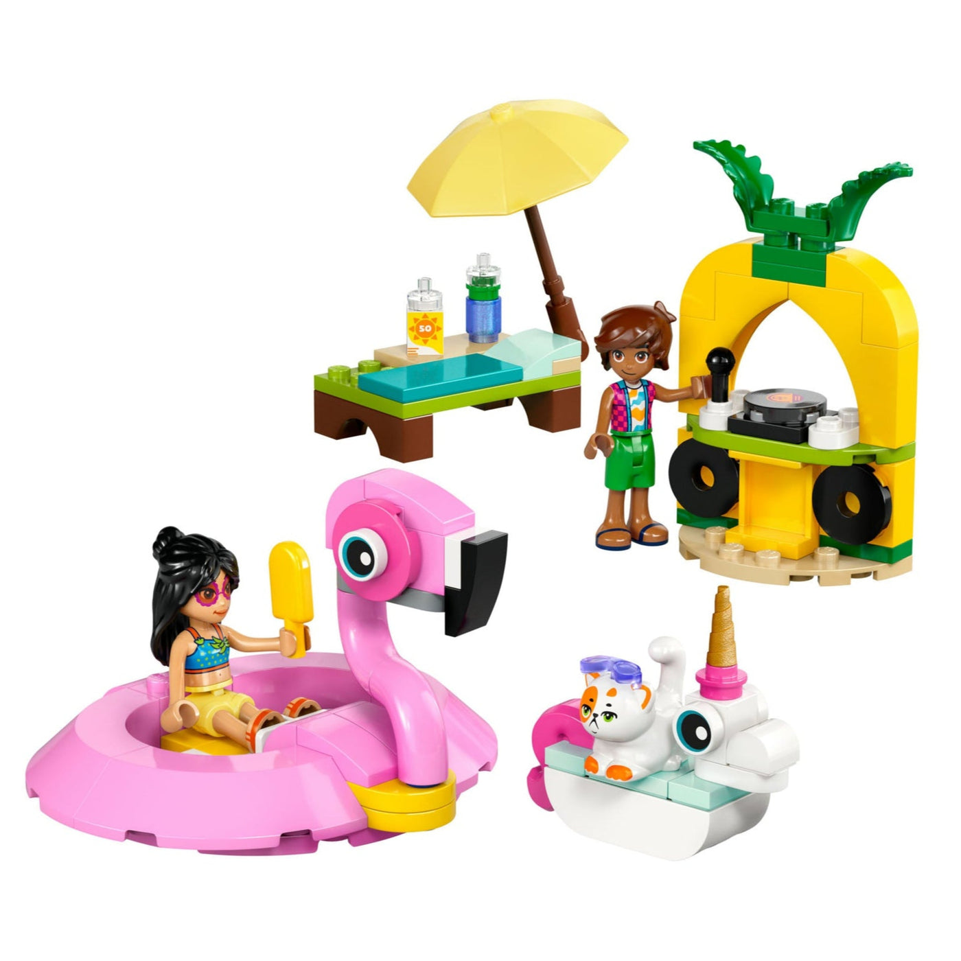 Pool Party con unicorno e fenicottero visione con prospettiva laterale del set lego costruito