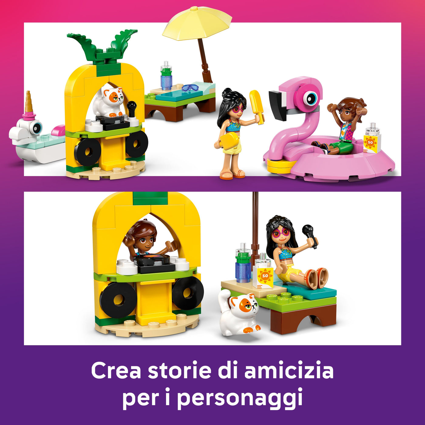 Pool Party con unicorno e fenicottero fotografia promozionale "Crea storie di amicizia per i personaggi"