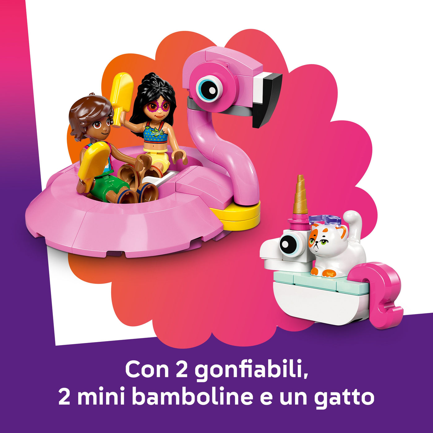 Pool Party con unicorno e fenicottero visione dettaglio accessori inclusi nel set lego