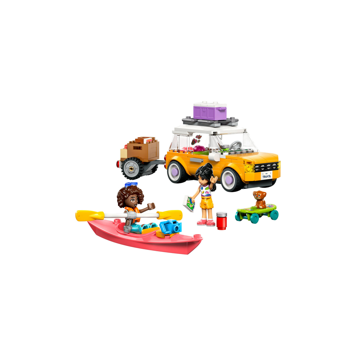 Viaggio in auto con il cucciolo visione con prospettiva laterale del set lego costruito