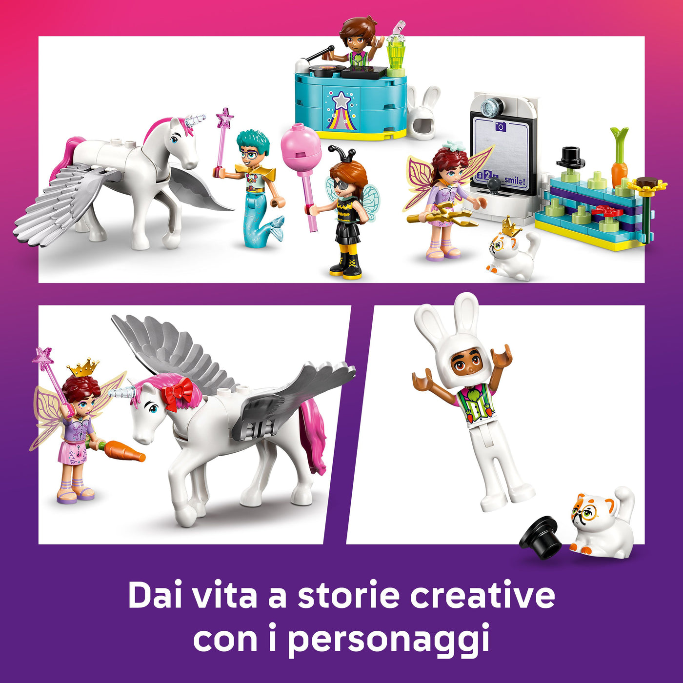 Party in costume con unicorno e fatina visione dettaglio accessori inclusi nel set lego