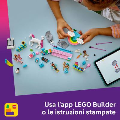 Party in costume con unicorno e fatina fotografia del set lego in costruzione "usa l'app LEGO Builder o le istruzioni stampate"
