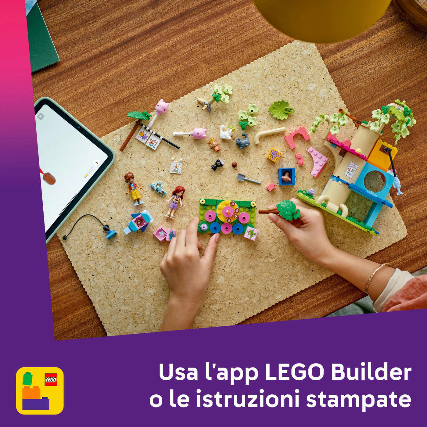 Festa di compleanno felina e Casa sull’albero fotografia dall'alto del set lego in costruzione "Usa l'app LEGO Builder o le istruzioni stampate"