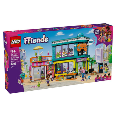 Negozio di fumetti e giochi visione con prospettiva laterale della scatola del set lego