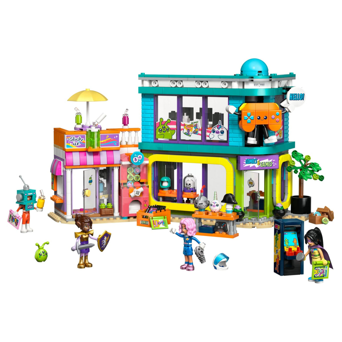 Negozio di fumetti e giochi visione frontale del set lego completo