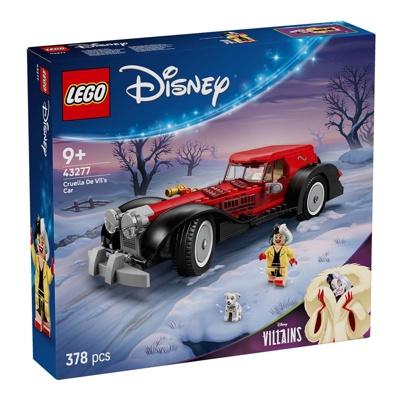Auto di Crudelia De Mon visione con prospettiva laterale della scatola del set lego