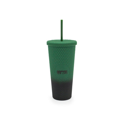 Bicchiere con Cannuccia Raptor colore verde scuronero con logo dell'attrazione, visione frontale