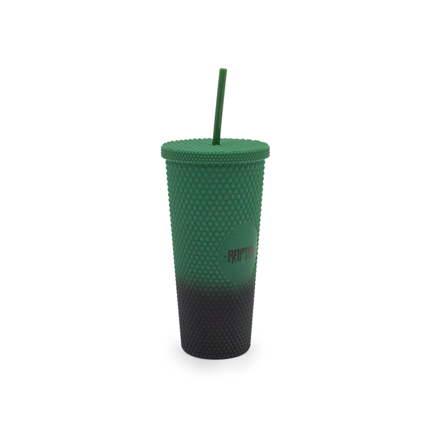 Bicchiere con Cannuccia Raptor colore verde scuronero con logo dell'attrazione, visione con prospettiva laterale