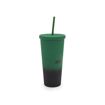 Bicchiere con Cannuccia Raptor colore verde scuronero con logo dell'attrazione, visione con prospettiva laterale