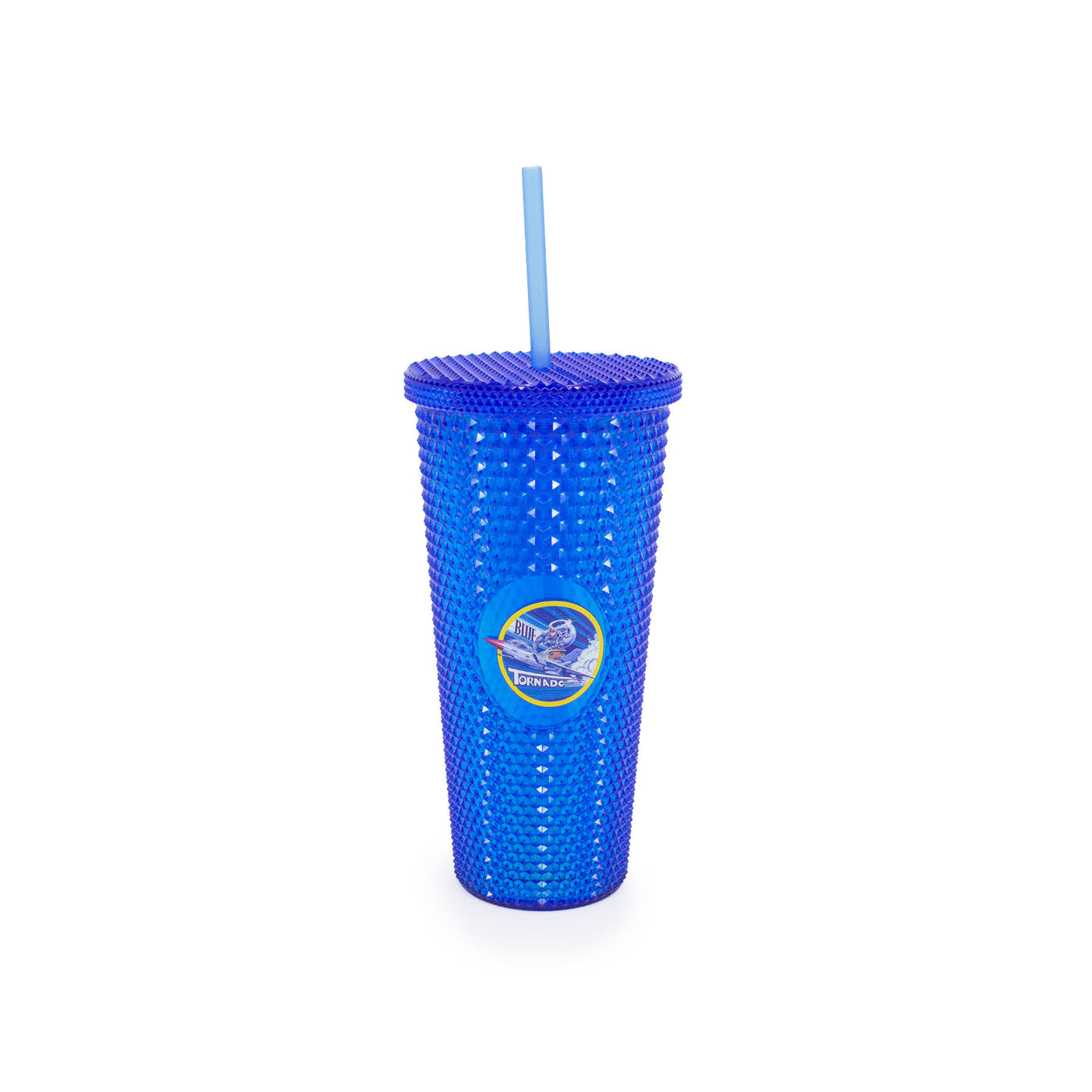 Bicchiere con Cannuccia Blue Tornado colore blu brillante con logo dell'attrazione, visione frontale